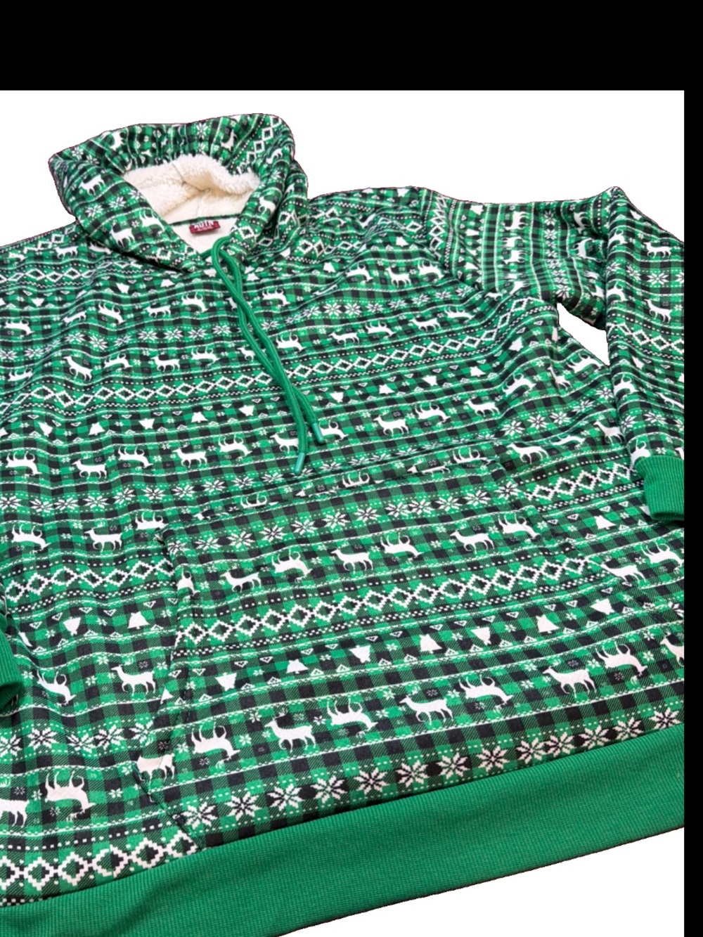 ADTN Green Black Checkered Plaid Fair Isle Sherpa Ugly Christmas Hoodie XL Men’s